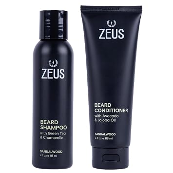 ZEUS Sandalwood Beard Wash Set for Men with Green Tea & Essential Oils | Beard Shampoo & Conditioner Duo with Natural Oils to Hydrate, Soften, Cleanse & Strengthen Facial Hair (Made in USA)