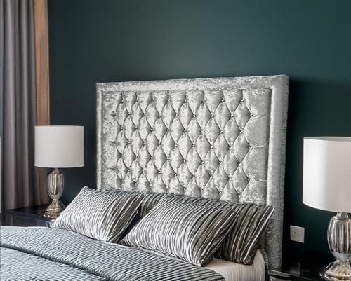 luxisleepltd Alton Bumper Tufted,Crystal Crushed Velvet Headboards, Single 3ft 4FT Double 4FT6 King-size 5FT and Super King 6FT Upholstered Headboard Divan bed frame (Silver, King size-66cmTall)