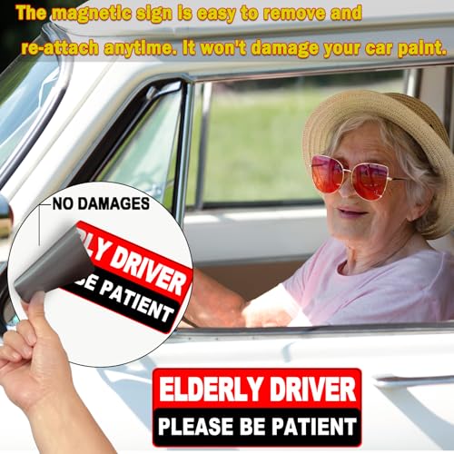 Image of 2 Pack Elderly Driver Car Magnet Sign, Senior Driver Magnet for Car, Please Be Patient Caution Sign to Old Grandma and Grandpa, Gag Prank Funny Gifts for Women, Men(Red-Black-2 Pack)