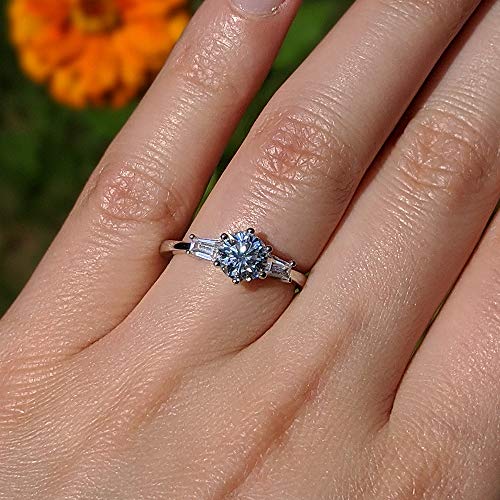 TwoBirch Platinum Plated 925 Sterling Silver 1 CT Round Moissanite Engagement Ring with Cubic Zirconia Baguette Side Stones (Sizes 5 to 9)2