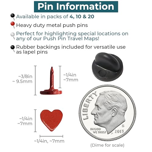 Image of Mini Red Heart Push Pins - Mini Red Metal Heart Map Pins - for Cork Board, Maps, or Lapel Pin Use - Designed in USA - Set of 20