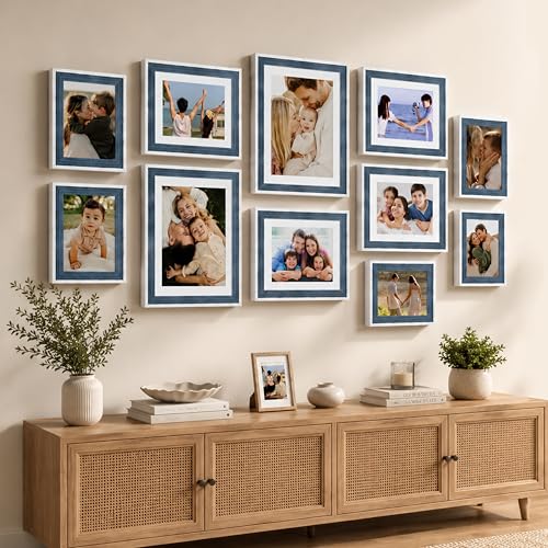Image of Art Street Blue Gallery Wall Photo Frame Set for Living Room | Modern Family Memory Timeline Wall Decor with Multi Size Collage Frames for Home & Bedroom Decoration