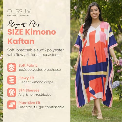 Image of Oussum Women Plus Size Kaftan Kimono Loose Maxi summer dresses for women Beach 3 /4 Sleeve Casual lounge dress Boho
