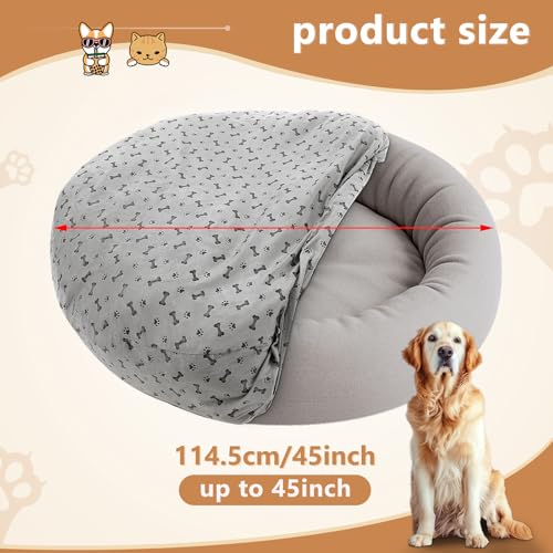 Yalikop Waschbare runde Hundebettbezüge, Ersatz, 114,4 x 114,7 x 27,9 cm, weich, grau, Haustierbettbezug mit schönem Hundepfotenknochen-Druck, nur Bezug