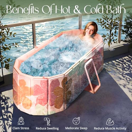 Image of Bath Tub for Adult for Bathroom, Foldable SPA Tub for Home Use with Drainage Hole, Thickened Insulated Ice Bath Tub, Inflatable BathTub for Adults, Ice BathTub for Adults (Peach Flower)