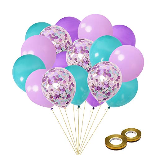 Mermaid Balloons 40 Pack, 12 Inch Light Dark Purple Seafoam Blue Latex Balloons with Confetti Balloon for Unicorn Party Decorations Birthday Party Supplies with Ribbon