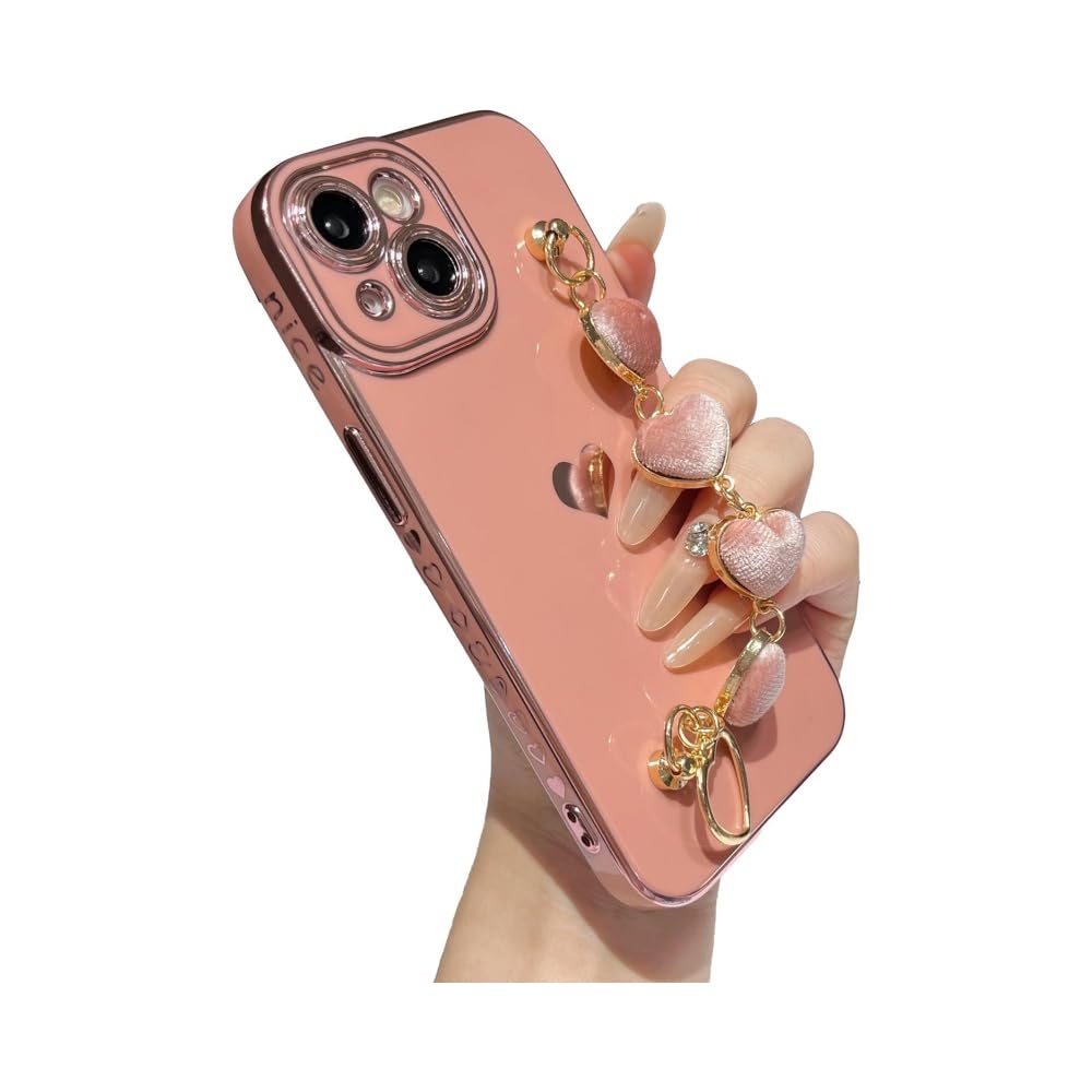 Designed for iPhone Case,Luxury Cute Plating Love Heart Wrist Strap Chain Bracelet Phone…