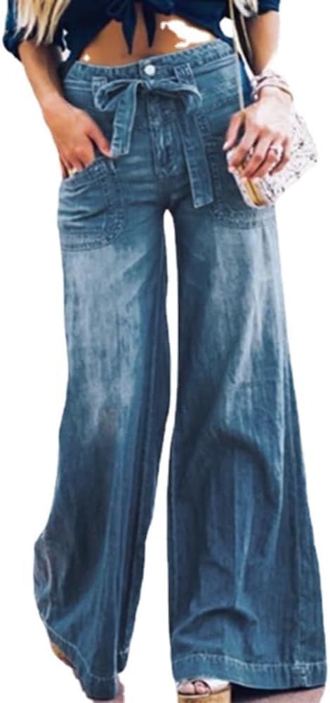 Pantalon large en jean bleu taille haute idéal pour vos sorties décontractées