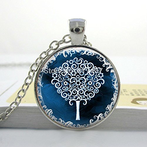 Lawrence Painting Tree Neklace White Tree Blue Necklace Art Glass Pendant Picture Pendant Photo Pendant Glass Cabochon Dome Pendant Necklace