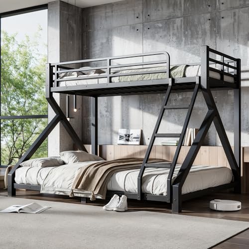 Bellemave Twin XL Over Queen Bunk Bed Frame with Noise Reduced Design Low Profile Bunk Bed with Ladder and Fence Heavy Buty Bunk Beds for Adults Teens
