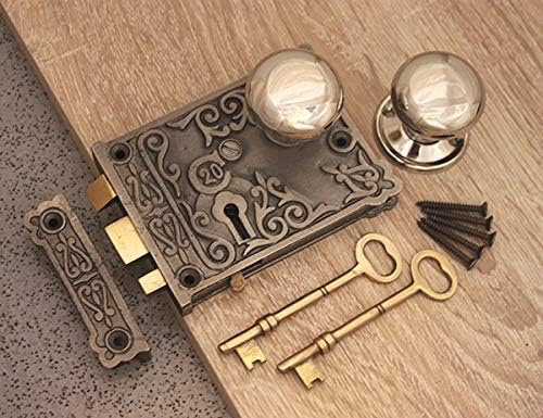 Nickel Door Knob Set-Antique Cast Iron/Brass Door Rim Sash Lock Floral 5 Design (Cottage Small)