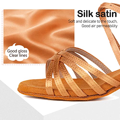 TINRYMX Girls&Women Latin Dance Shoes Silk Ballroom Salsa Tango Professional Performance Practice Dance Shoes, ZSXGG-Brown-4,US 12.52