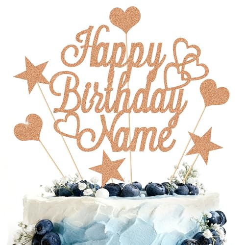 Personalised Happy Birthday Cake Topper | Customized Name Cake Decoration | Double Sided Glitter Card | Rose Gold