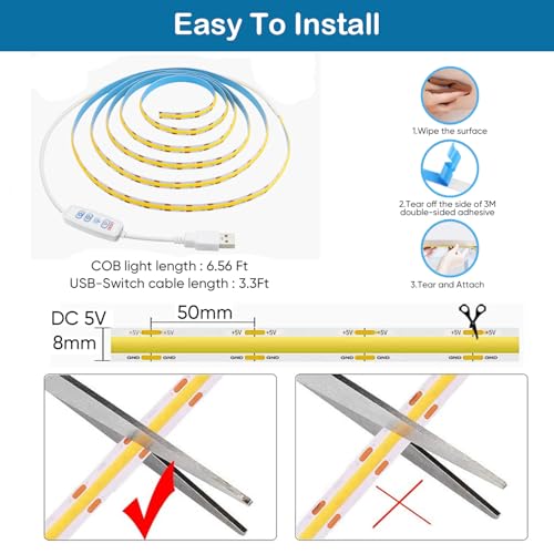 Image of L8star COB Led Strip Light 6.56Ft /2M, 5V USB Powered, 6000K White COB Light Strip with Dimmer Switch Control for for Counter, Bedroom, TV, Kitchen Cabinet, Shelves