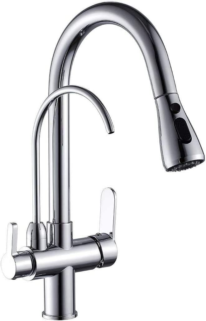 Kitchen faucet pull-down kitchen sink faucet double handle 3 in 1 high arc water filter purifier faucet brushed nickel