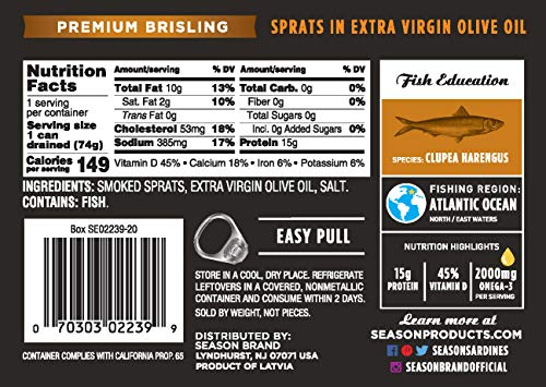 Image of Season Brisling Sprats in Extra Virgin Olive Oil - Lightly Smoked, Wild Caught, 15g of Protein, Keto Snacks, More Omega 3's Than Tuna, Kosher, High in Calcium, Canned Sardines - 3.88 Oz Tins, 12-Pack | Lightly Smoked, Wild Caught, 15g of Protein, Keto Snacks, More Omega 3's Than Tuna, Kosher, High in Calcium, Canned Sardines