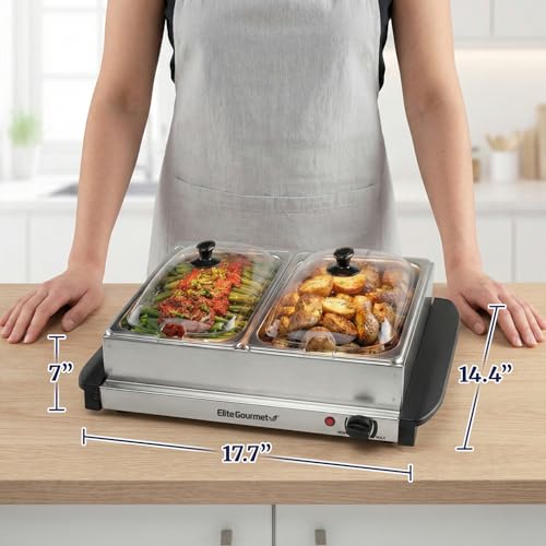 Image of Elite Gourmet EWM-6122X Deluxe Dual Buffet Server Food Warmer Party Tray, Gravy & Holiday Essentials, Special Events, 2 x 2.5Qt, Stainless Steel