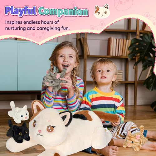 Image of Onsoyours Original 5PC Cat Stuffed Animals with Babies Inside, Kawaii Kiity Plush with Mommy & 4 Kittens - Cute Plushies Toys for Girls Kids (White)