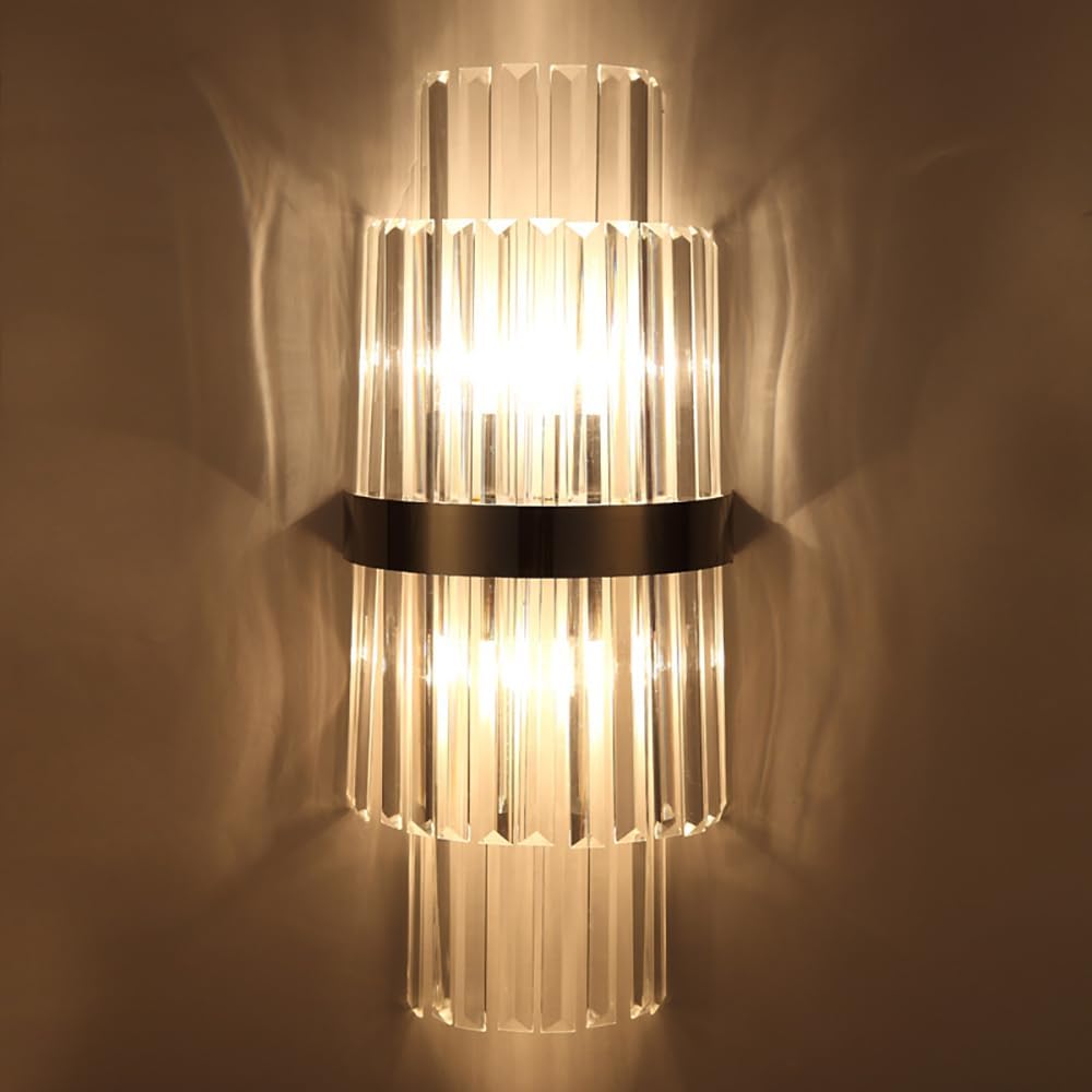 22 inch Crystal Wall Light Fixture, Modern Luxury Wall Flush Mount Wall Lamp Sconce for Bedroom Living Room Dining Room, Black Bathroom Vanity Mirror Light Indoor Lighting Included Bulb