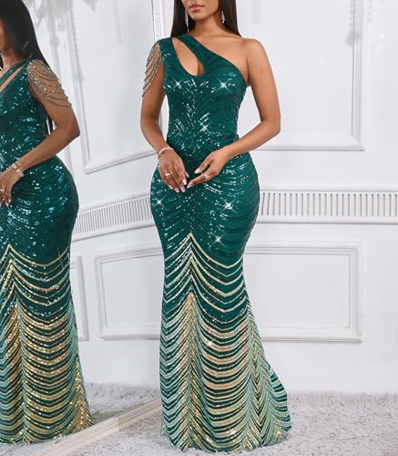 Image of Cololura Women Sequin Elegant Sexy One Shoulder Tassel Mermaid Bodycon Cocktail Evening Dress