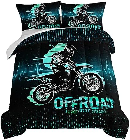HOSIMA Extreme Sport Theme Comforter Motorcycle Twin Bed in a Bag for Boys Kids Teens,Dirt Bike Tournament Kids Game Room Decor,Motocross Rider Black Comforter with 2 Pillowcases.