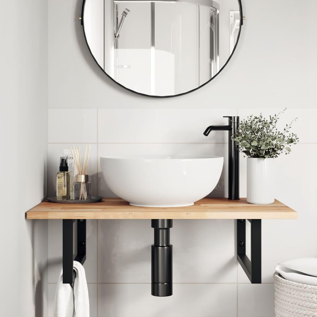 Estantería para lavabo de pared de acero y madera de acacia con estante de 60 x 50 cm, soporte negro, ahorra espacio, estable, versátil para baño, lavabo, inodoro de invitados