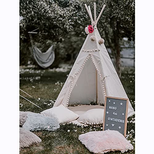RONG FA Kids Teepee Tent- Foldable Teepee Play Tent for Boys and Girls, Indoor/Outdoor Cotton Canvas Tent (Lace White Pompom)