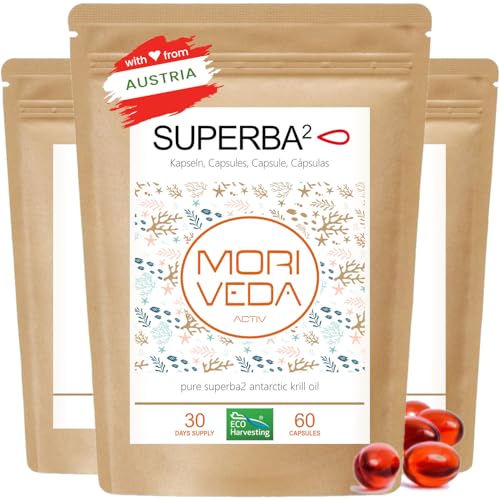 MoriVeda Superba Premium Aceite de krill, 180 cápsulas blandas (softgels), con innovador aceite Omega-3, astaxantina esterificada, antioxidantes y vitaminas, certificado MSC y sostenible