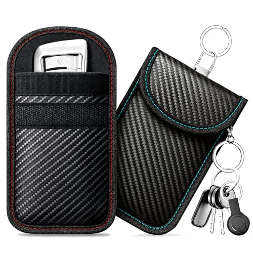 caslord Faraday Pouch for Car Keys Pack of 2 Anti-Theft RFID Key Fob Protection Bag with 4 Pack Key Rings for Car Security M Red and Blue