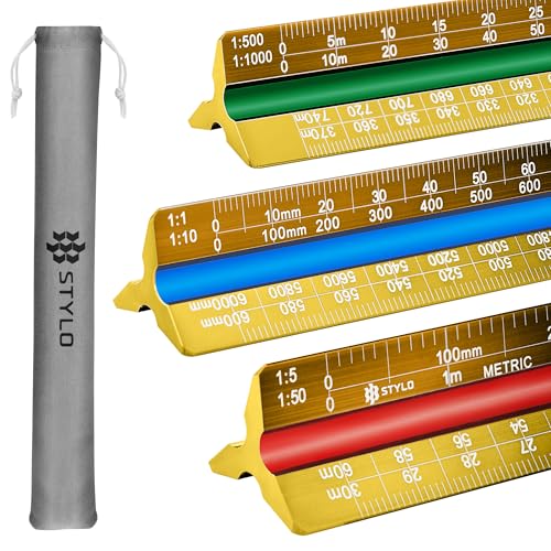 Aluminum Architect Scale - 30cm Laser Etched Triangle Drafting Ruler with Colour Coded Grooves for Blueprint, Drafting - Architectural Scale (Yellow, Metric Units)