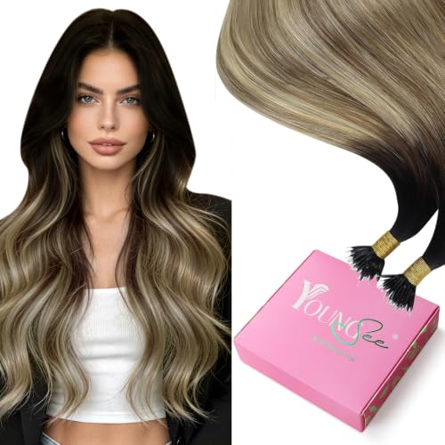 YoungSee Nano Tip Hair Extensions Real Human Hair Brown Nano Bead Hair Extensions Ombre Dark Brown to Medium Brown with Blonde Nanoring Hair Extension 24 Inch Hair Extension Nanobead 1g/strands 50g