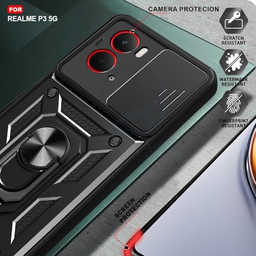 Image of Luxe Back Cover for Realme P3 5G | D10 Tough Armor Case | Sliding Camera Shield | 360 Protection | Kickstand Ring Holder | Military-Grade Shockproof Bumper Case