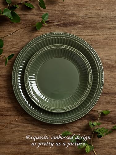 Image of Famiware Garden 12-Piece Embossed Plates and Bowls Sets, Stoneware Reactive Glaze Dishes Dinnerware Set, Modern Rustic, Chip & Scratch Resistant, Microwave & Dishwasher Safe, Service for 4, Dark Green