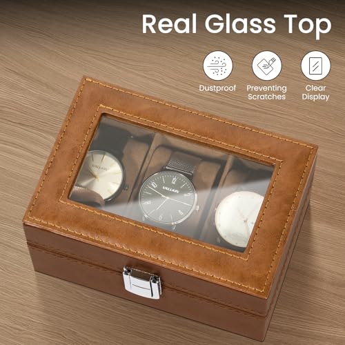Image of Uten 3-Slot Watch Box, PU Leather Watch Case with Glass Lid, Watch Holder Organizer with Soft Pillow and Velvet Lining, Watch and Jewelry Storage Box, Brown