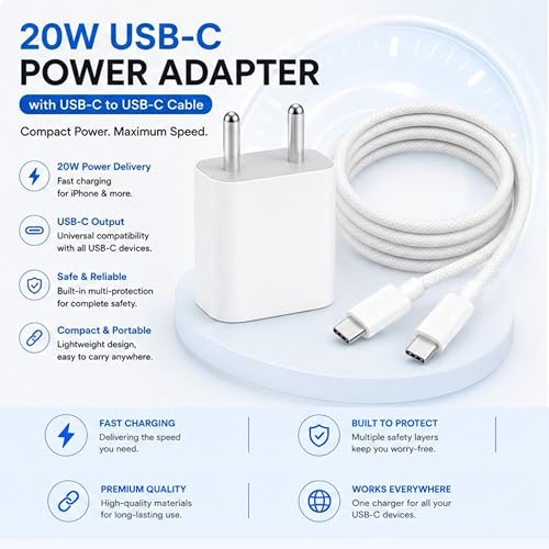 Image of 20w 3.0 PD Super Fast Charger with Type C to C Cable Compatible with iPhone 17 Pro Max /17 Pro /17 Air /17, iPhone 16 Pro Max /16 Pro /16 Plus /16 & 15 /14 |Original Charging Speed| BIS Certified