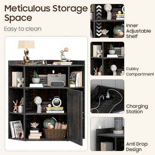 Image of Halitaa Corner Storage Cabinet, Farmhouse Corner Bookshelf with Storage 6-Cubby Wooden Cabinet with USB Ports and Outlets Industrial Organizer for Small Space, Study, Playroom, Living Room