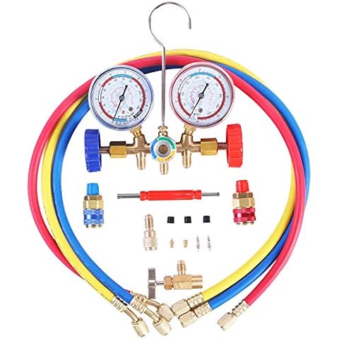 JIFETOR 3 Way AC Manifold Gauge Set, HVAC Diagnostic Charging Tool for Auto Household R404A R134A Refrigerant with R134A Quick Couplers 3FT Charging Hose Can Tap Adapter Valve Core Tool Cover