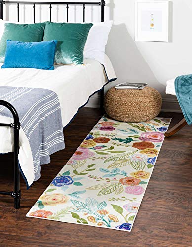 Unique Loom Blossom Collection Area Rug - Ashley (2' x 8' Runner, Ivory/ Light Blue)