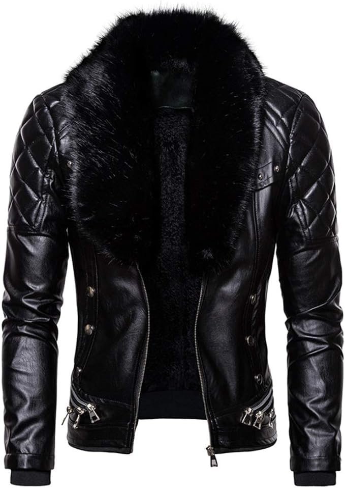 Men's Removable Fur Collar Sherpa Lined Steampunk Faux Leather Jacket