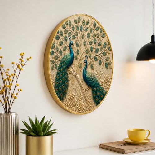 Image of PAINTINGMANTRA Peacock Pair Vastu Framed Wall Art Painting For Living Room| Elegant Peacock Poster with Round Frame for Wall, Decoration item for bedroom & Home, 12 Inch