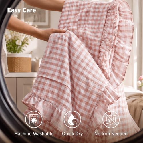 Image of Bedsure Gingham Ruffle Duvet Cover Set, Full, Cotton-Like Quilt Cover, Pink
