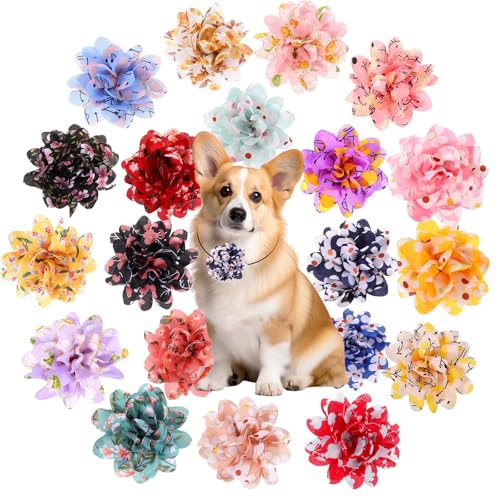 20Pcs Dog Collar Flowers 3-inch Multi-Color Pet Collar Accessories Floral Bow Ties Attachment Chiffon Grooming Charms Collars for Dogs Cats and Pets
