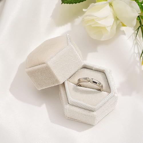 JZTang Caja de anillo hexagonal de terciopelo con doble anillo elegante caja de almacenamiento de joyería regalo para propuestas compromiso