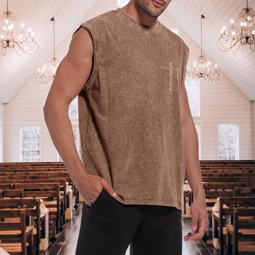 Image of Christian Gym Workout Tank Tops for Men Vintage Bible Verse Cross Graphic Sleeveless Muscle Shirts Acid Wash Tanks Top