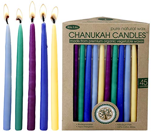 Rite Lite Premium Chanukah Candles - Pack of 45 - Hanukkah Candles for The Menorah (Organic Vegetable Wax Multicolor)