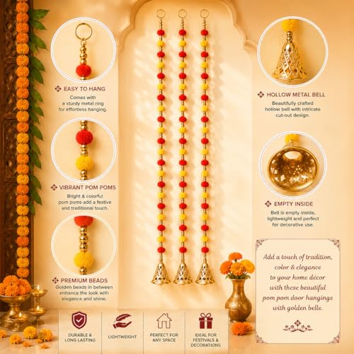 Image of Bindian Pom Pom Beads & Golden Bell Hanging Pack of 10 for Home Decor, Door Hanging Decorative Items, Wall Hanging Decoration for Living Room, Pooja Room Decoration Items, Diwali Decor