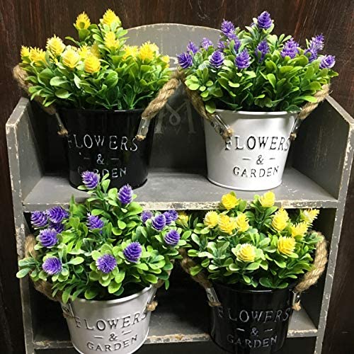 Mixrose 2 Pcs Artificial Potted Plants Mini Fake Plants In Rustic Metal Pot Small Artificial Plants House Plants For Home Desk Shelf Office Kitchen Bathroom Decor Purple And Yellow – Set Of 2 #TOP5