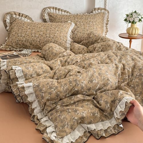 Image of VM VOUGEMARKET Cotton Muslin Duvet Cover Queen Vintage Tan Floral Bedding Set with Ruffles,Soft,Breathable Linen Like Gauze Comforter Cover with Zipper Closure 90 inchx90 inch