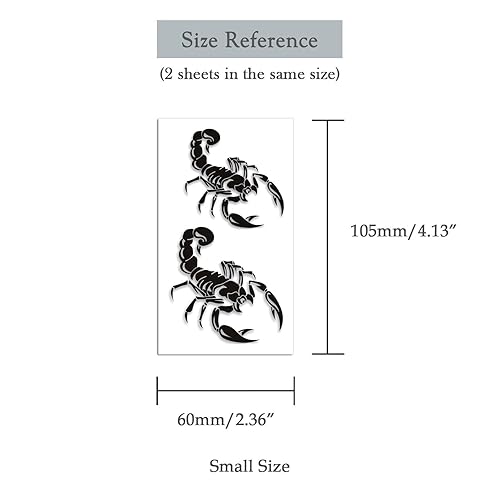 Miniatura 5 de Juego de 2 calcomanías pequeñas de tatuaje temporal  Diseño de tótem de escorpión negro aterrador de Halloween para mano, cuello, cara, muñeca,