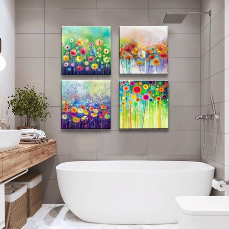 Image of Colorful Flowers Canvas Wall Art, Abstract Floral Artwork Painting Prints Modern Watercolor Pictures Framed for Living Room Bedroom Bathroom Office Home Decor - 12 inchx12 inch